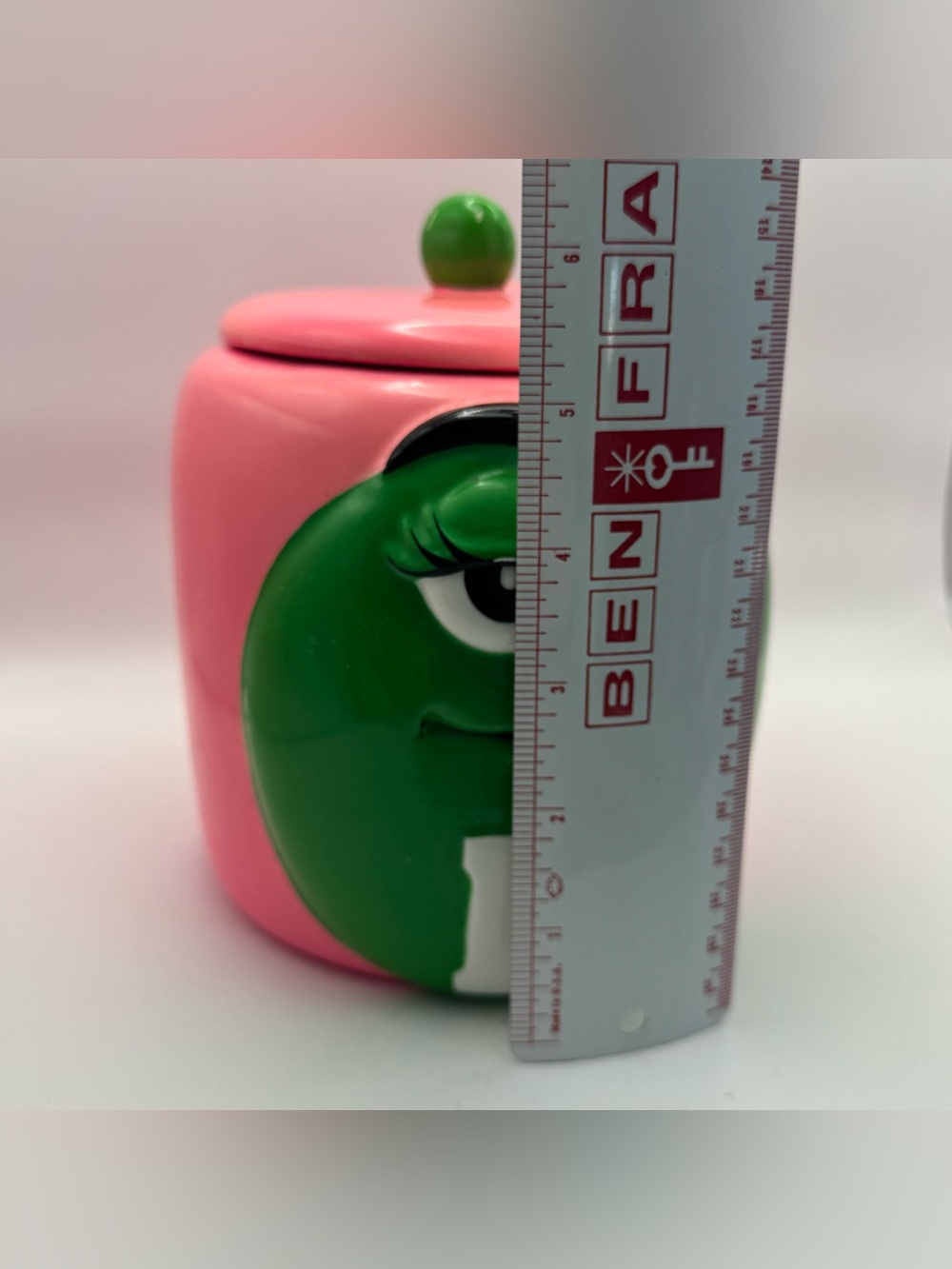 Vintage 2003 M&M’s Green Character Ceramic Cookie Jar Galerie Pink Mars - Picture 12 of 13